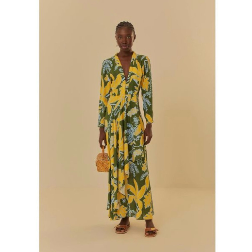 Farm Rio Dress Foliage Sketch Maxi Green V Neck Tropical Beach Novelty Whimsical